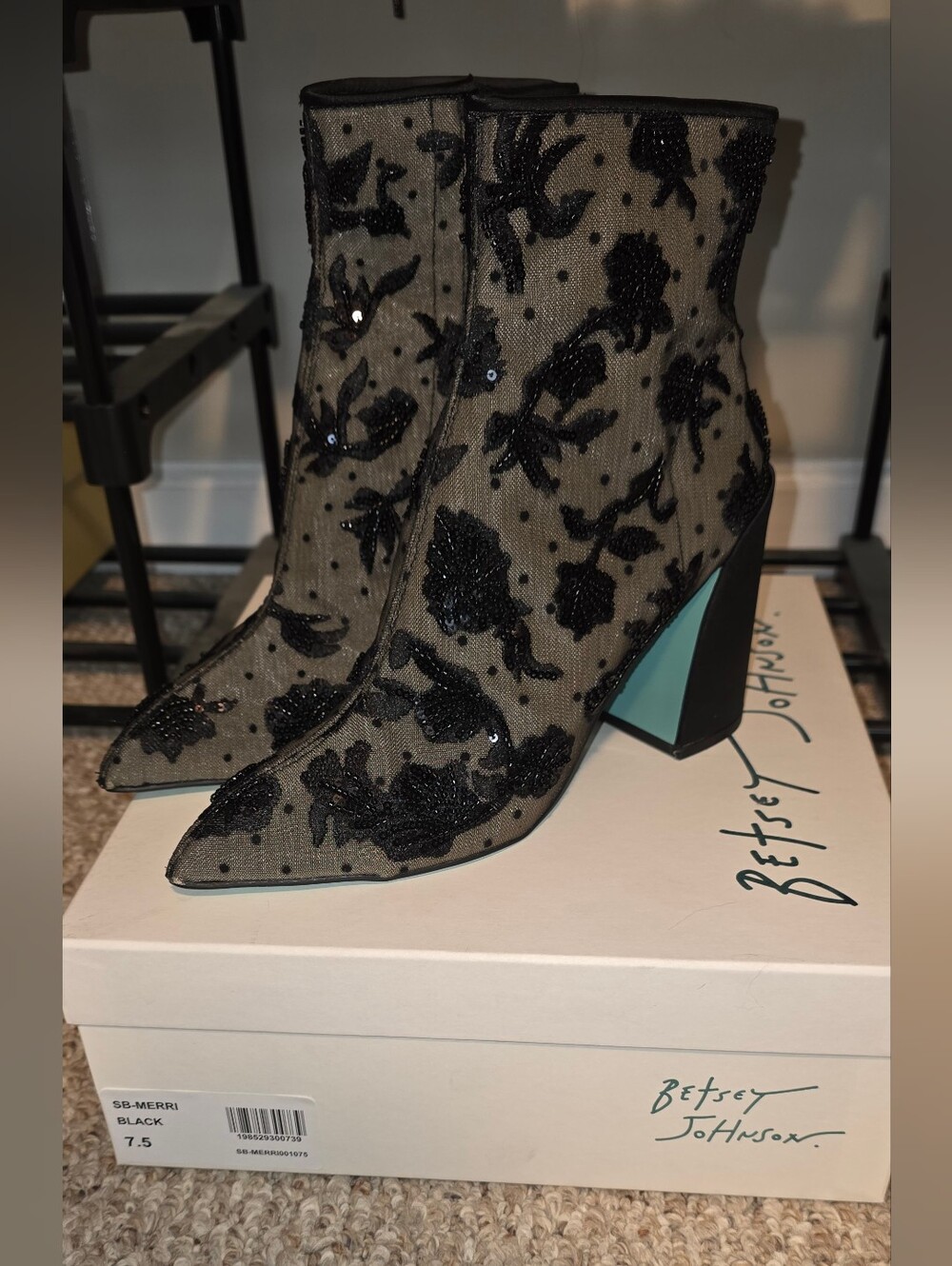 Betsey Johnson Merri Black Floral Sequin Mesh Ankle Boots Size 7.5